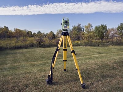 October surveying - instrument set in the field. USA, North America.
